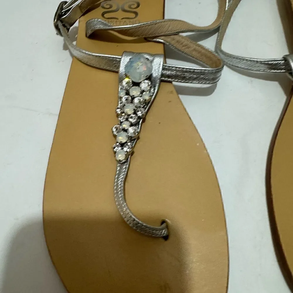 Positano Metallic silver Multicolor Jeweled Thong Sandal Made In Italy Size 10